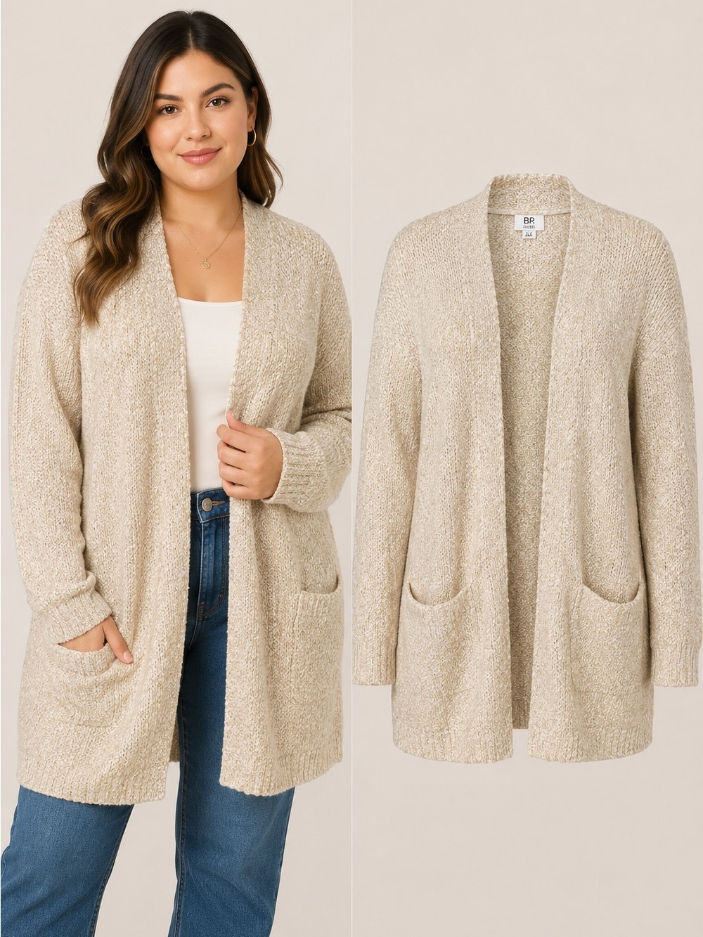 BP. Bouclé Open Front Cardigan Sweater | 4X | Cream Cozy Knit Pockets